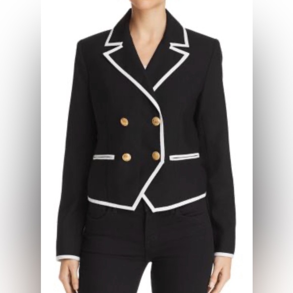 FRAME Contrast-Trim Double-Breasted Blazer Women 10 Black White Wool Sailor gold - Picture 2 of 16